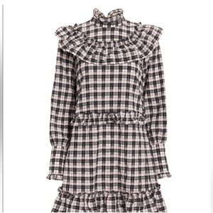 Ganni Charron Pink Check Plaid Seersucker Ruffle Mock Neck Mini Dress Size 36